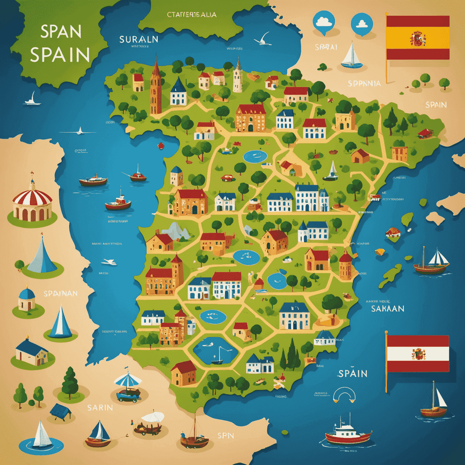 Mapa de España con iconos de programación distribuidos por diferentes ciudades, representando recursos locales